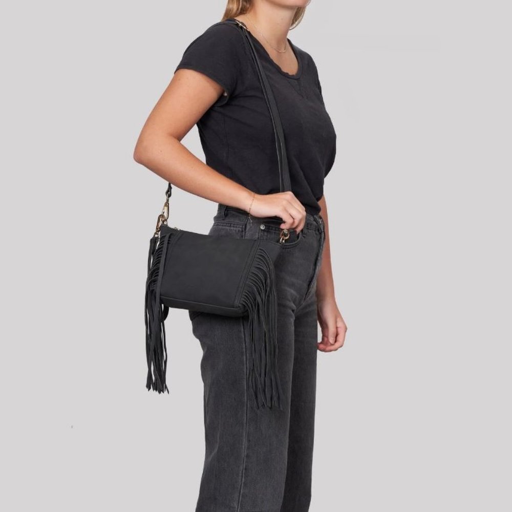 URBAN ORIGINALS Fringe Baby leather-suede women's crossbody bag + Dust bag BLACK - Picture 7 of 8